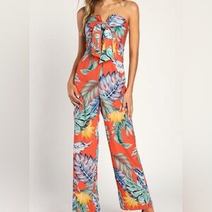 Lulu's  Leaf Print Jumpsuit Luxe Luau Orange Tropical Print Strapless Tie-Front